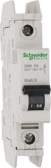 Schneider Electric - 7 Amp, 125 VDC, 240 VAC, 60 VDC, 1 Pole, DIN Rail Mount, Fixed Mount Miniature Circuit Breaker - Thermal Magnetic Trip, Multiple Breaking Capacity Ratings, 73mm Deep x 107mm High x 18mm Wide - Apex Tool & Supply
