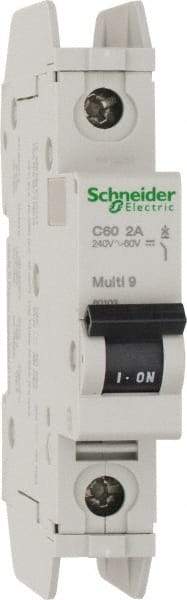 Schneider Electric - 2 Amp, 125 VDC, 240 VAC, 60 VDC, 1 Pole, DIN Rail Mount, Fixed Mount Miniature Circuit Breaker - Thermal Magnetic Trip, Multiple Breaking Capacity Ratings, 73mm Deep x 107mm High x 18mm Wide - Apex Tool & Supply