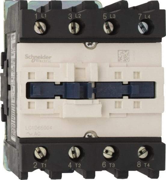 Schneider Electric - 4 Pole, 110 Coil VAC at 50/60 Hz, 80 Amp, Nonreversible IEC Contactor - 1 Phase hp: 10 at 230/240 VAC, 5 at 115 VAC, 3 Phase hp: 20 at 200/208 VAC, 20 at 230/240 VAC, 50 at 460/480 VAC, 50 at 575/600 VAC - Apex Tool & Supply