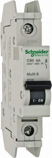 Schneider Electric - 4 Amp, 125 VDC, 240 VAC, 60 VDC, 1 Pole, DIN Rail Mount, Fixed Mount Miniature Circuit Breaker - Thermal Magnetic Trip, Multiple Breaking Capacity Ratings, 73mm Deep x 107mm High x 18mm Wide - Apex Tool & Supply