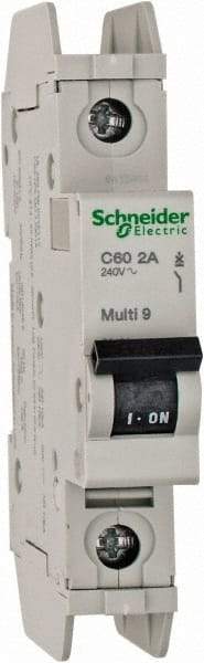 Schneider Electric - 2 Amp, 125 VDC, 240 VAC, 60 VDC, 1 Pole, DIN Rail Mount, Fixed Mount Miniature Circuit Breaker - Thermal Magnetic Trip, Multiple Breaking Capacity Ratings, 73mm Deep x 107mm High x 18mm Wide - Apex Tool & Supply