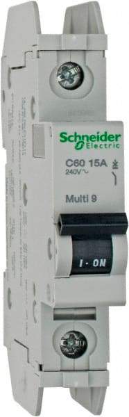 Schneider Electric - 15 Amp, 125 VDC, 240 VAC, 60 VDC, 1 Pole, DIN Rail Mount, Fixed Mount Miniature Circuit Breaker - Thermal Magnetic Trip, Multiple Breaking Capacity Ratings, 73mm Deep x 107mm High x 18mm Wide - Apex Tool & Supply