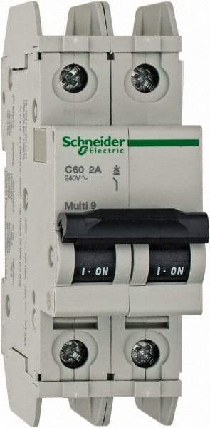 Schneider Electric - 2 Amp, 125 VDC, 240 VAC, 60 VDC, 1 Pole, DIN Rail Mount, Fixed Mount Miniature Circuit Breaker - Thermal Magnetic Trip, Multiple Breaking Capacity Ratings, 73mm Deep x 107mm High x 36mm Wide - Apex Tool & Supply