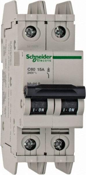 Schneider Electric - 15 Amp, 125 VDC, 240 VAC, 60 VDC, 1 Pole, DIN Rail Mount, Fixed Mount Miniature Circuit Breaker - Thermal Magnetic Trip, Multiple Breaking Capacity Ratings, 73mm Deep x 107mm High x 36mm Wide - Apex Tool & Supply