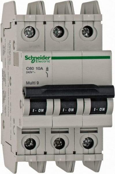 Schneider Electric - 10 Amp, 125 VDC, 240 VAC, 60 VDC, 3 Pole, DIN Rail Mount, Fixed Mount Miniature Circuit Breaker - Thermal Magnetic Trip, Multiple Breaking Capacity Ratings, 73mm Deep x 107mm High x 54mm Wide - Apex Tool & Supply