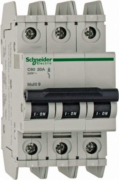 Schneider Electric - 20 Amp, 125 VDC, 240 VAC, 60 VDC, 3 Pole, DIN Rail Mount, Fixed Mount Miniature Circuit Breaker - Thermal Magnetic Trip, Multiple Breaking Capacity Ratings, 73mm Deep x 107mm High x 54mm Wide - Apex Tool & Supply
