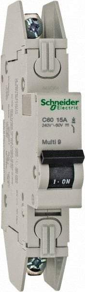 Schneider Electric - 15 Amp, 120/240 VAC, 1 Pole, DIN Rail Mounted Miniature Circuit Breaker - Thermal Magnetic Trip, 10 kA at 240 VAC Breaking Capacity, 14-4 AWG, 73mm Deep x 123.4mm High x 18mm Wide - Apex Tool & Supply