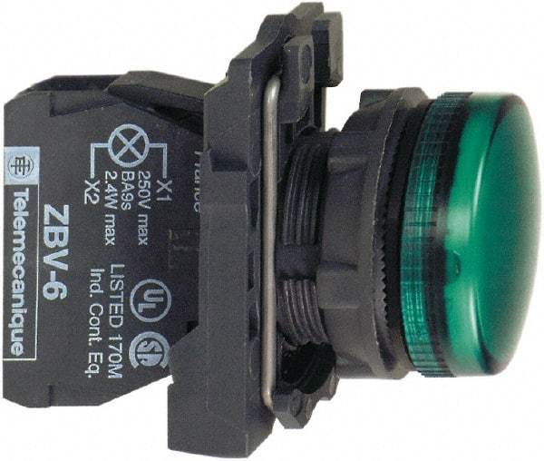 Schneider Electric - 24 VAC/VDC at 50/60 Hz Green Lens LED Pilot Light - Round Lens, Screw Clamp Connector, 30mm Wide, Vibration Resistant, Water Resistant - Apex Tool & Supply