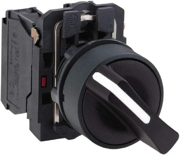 Schneider Electric - 22mm Mount Hole, 3 Position, Handle Operated, Selector Switch with Contact Blocks - Black, Maintained (MA), 2NO, Shock, Vibration and Water Resistant - Apex Tool & Supply