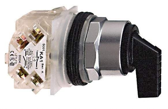 Schneider Electric - 1.18 Inch Mount Hole, 3 Position, Knob and Pushbutton Operated, Selector Switch - Black, Momentary (MO), 2NO/2NC, Weatherproof and Dust and Oil Resistant - Apex Tool & Supply