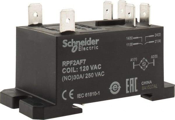 Schneider Electric - 7,500 VA Power Rating, Electromechanical Plug-in General Purpose Relay - 20 Amp at 28 VDC, 25 at 28 VDC, 30 at 250/277 VAC, 2NO, 120 VAC - Apex Tool & Supply