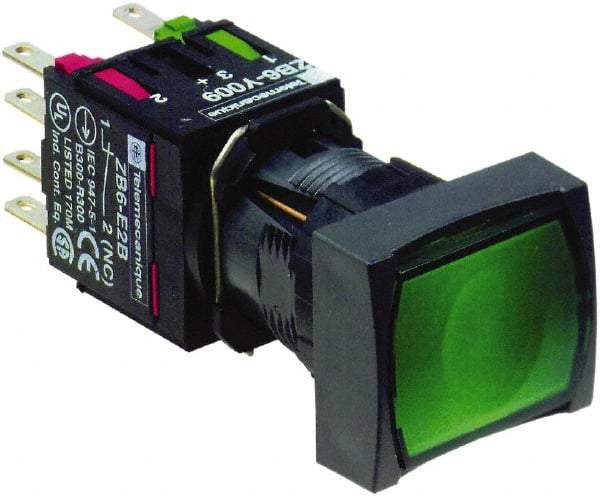 Schneider Electric - 16mm Mount Hole, Flush, Pushbutton Switch with Contact Block - Rectangle, Green Pushbutton, Illuminated, Momentary (MO) - Apex Tool & Supply