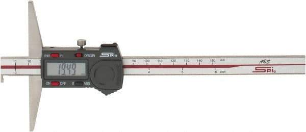 SPI - 0mm to 150mm ABS Plastic (Case) Electronic Depth Gage - 0.02mm Accuracy, 0.01mm Resolution, 4" Base Length, With Single Hook - Apex Tool & Supply