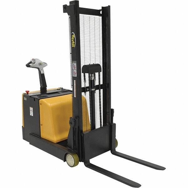 Vestil - 1,100 Lb Capacity, 62" Lift Height, Battery Powered Stacker - 1-3/16" Lowered Height, 30" Fork Length, 32" Overall Width - Apex Tool & Supply