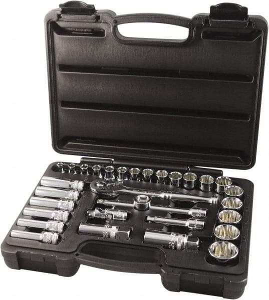 Paramount - 31 Piece 3/8" Drive Chrome Finish Socket Set - 12 Points, 1/4" to 1" Range, Inch Measurement Standard - Apex Tool & Supply