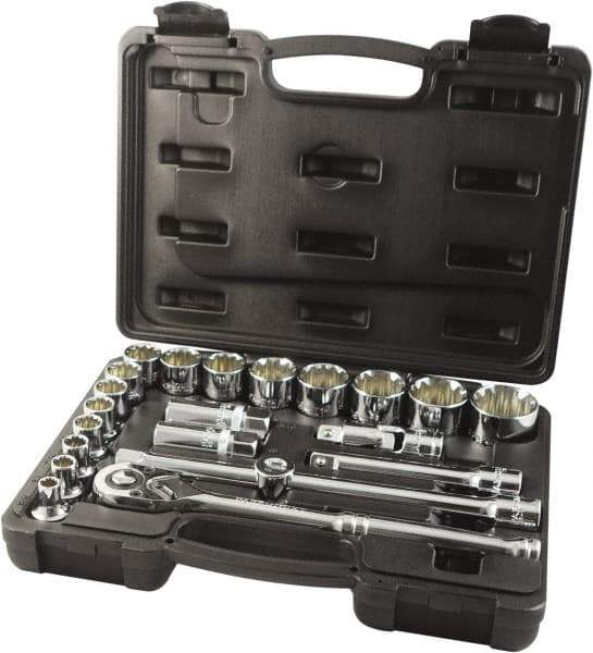Paramount - 22 Piece 1/2" Drive Chrome Finish Socket Set - 12 Points, 5/16" to 1-1/4" Range, Inch Measurement Standard - Apex Tool & Supply