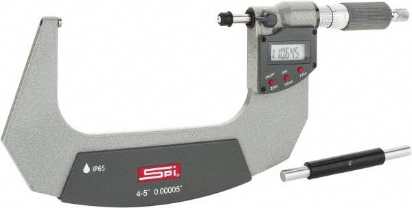 SPI - 4 to 5" Range, 0.00005" Resolution, Double Ratchet IP65 Electronic Outside Micrometer - 0.0002" Accuracy, Ratchet-Friction Thimble, Carbide Face, CR2032 Battery, Includes NIST Traceable Certification of Inspection - Apex Tool & Supply