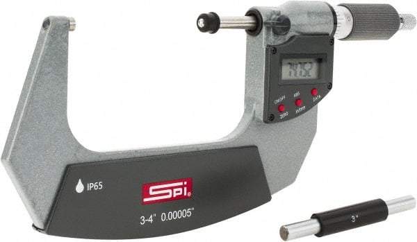 SPI - 3 to 4" Range, 0.00005" Resolution, Double Ratchet IP65 Electronic Outside Micrometer - 0.0002" Accuracy, Ratchet-Friction Thimble, Carbide Face, CR2032 Battery, Includes NIST Traceable Certification of Inspection - Apex Tool & Supply