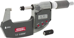 SPI - 1 to 2" Range, 0.00005" Resolution, Double Ratchet IP65 Electronic Outside Micrometer - 0.0002" Accuracy, Ratchet-Friction Thimble, Carbide Face, CR2032 Battery, Includes NIST Traceable Certification of Inspection - Apex Tool & Supply