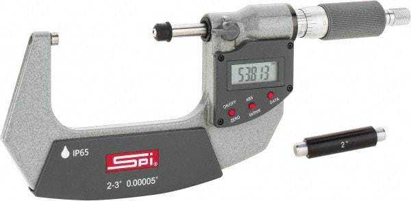 SPI - 2 to 3" Range, 0.00005" Resolution, Double Ratchet IP65 Electronic Outside Micrometer - 0.0002" Accuracy, Ratchet-Friction Thimble, Carbide Face, CR2032 Battery, Includes NIST Traceable Certification of Inspection - Apex Tool & Supply