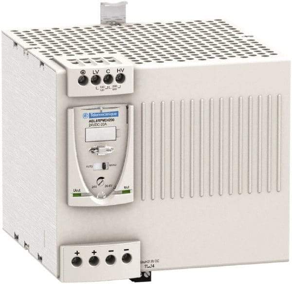 Schneider Electric - 480 Watt, 20 Amp, 100 to 120 VAC, 200 to 240 VAC Input, 24 VDC Output, DIN Rail Power Supply - Screw Connection, 165mm Wide x 155mm Deep x 143mm High, 88-100% Efficiency, Green LED Output, Red LED Output - Apex Tool & Supply