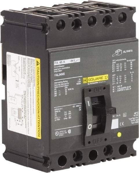 Square D - 45 Amp, 250 VDC, 480 VAC, 3 Pole, Panel Mount Molded Case Circuit Breaker - Thermal Magnetic Trip, 18 kA at 480/600 VAC Breaking Capacity, 12-1/0 (Aluminum), 14-1/0 (Copper) AWG, 4.13 Inch Deep x 6 Inch High x 4-1/2 Inch Long - Apex Tool & Supply