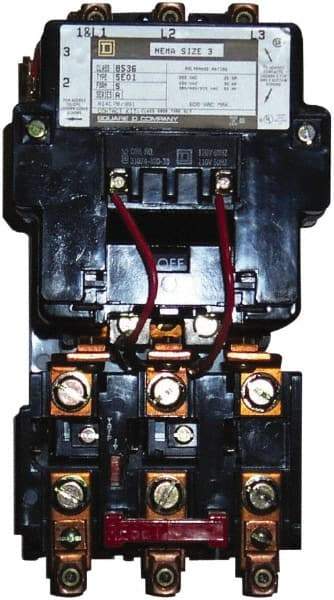 Square D - 220 Coil VAC at 50 Hz, 240 Coil VAC at 60 Hz, 90 Amp, NEMA Size 3, Nonreversible Open Enclosure NEMA Motor Starter - 3 Phase hp: 25 at 200 VAC, 30 at 230 VAC, 50 at 460 VAC, 50 at 575 VAC - Apex Tool & Supply