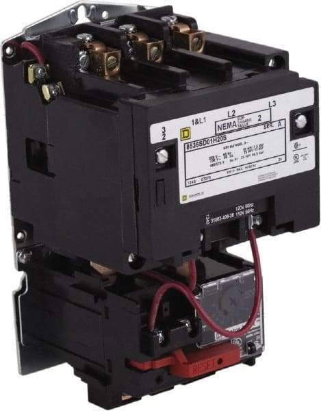 Square D - 110 Coil VAC at 50 Hz, 120 Coil VAC at 60 Hz, 27 Amp, NEMA Size 1, Nonreversible Open Enclosure NEMA Motor Starter - 3 Phase hp: 10 at 460 VAC, 10 at 575 VAC, 7-1/2 at 200 VAC, 7-1/2 at 230 VAC - Apex Tool & Supply