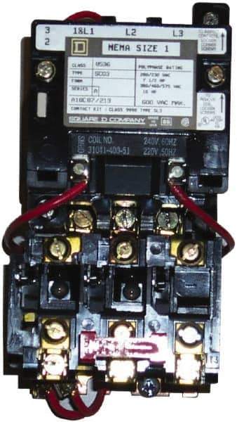 Square D - 220 Coil VAC at 50 Hz, 240 Coil VAC at 60 Hz, 27 Amp, NEMA Size 1, Nonreversible Open Enclosure NEMA Motor Starter - 1 Phase hp: 2 at 115 VAC, 3 at 230 VAC - Apex Tool & Supply