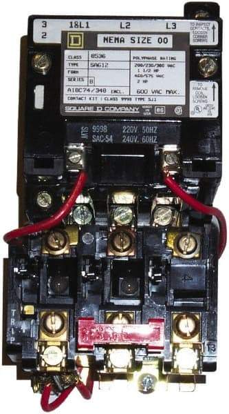 Square D - 208 Coil VAC at 60 Hz, 9 Amp, Nonreversible Open Enclosure NEMA Motor Starter - 3 Phase hp: 1-1/2 at 200 VAC, 1-1/2 at 230 VAC, 2 at 460 VAC, 2 at 575 VAC - Apex Tool & Supply