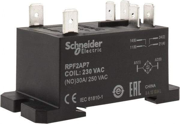 Schneider Electric - 7,500 VA Power Rating, Electromechanical Plug-in General Purpose Relay - 20 Amp at 28 VDC, 25 at 28 VDC, 30 at 250/277 VAC, 2NO, 230 VAC - Apex Tool & Supply