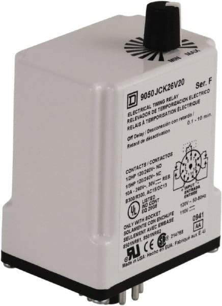 Square D - 0.1 to 10 min Delay, DPDT Time Delay Relay - 10 Contact Amp, 110 VDC & 120 VAC - Apex Tool & Supply
