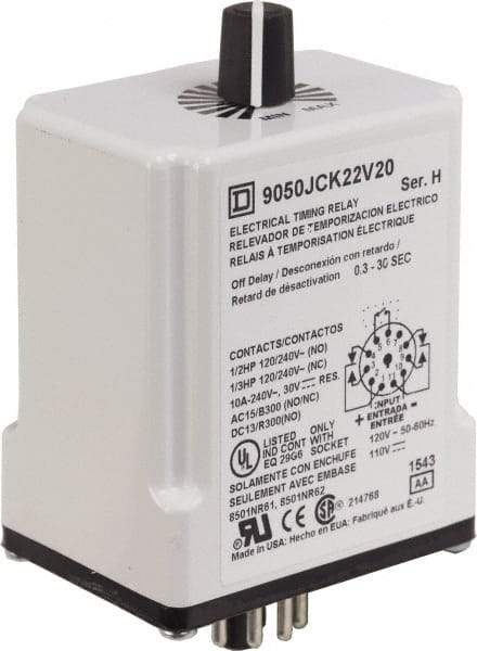 Square D - DPDT Time Delay Relay - 10 Contact Amp, 110 VDC & 120 VAC - Apex Tool & Supply