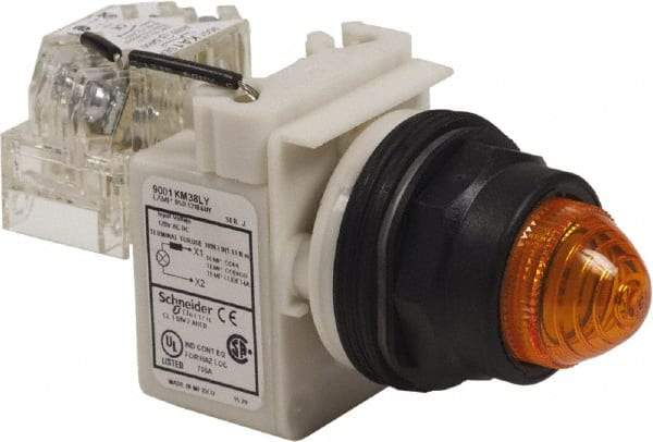 Schneider Electric - 120 V Amber Lens LED Pilot Light - Round Lens, Screw Clamp Connector, 54mm OAL x 42mm Wide, Vibration Resistant - Apex Tool & Supply