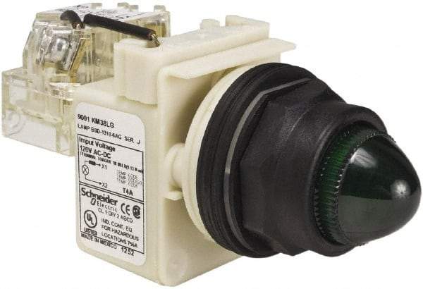 Schneider Electric - 120 V Green Lens LED Press-to-Test Indicating Light - Round Lens, Screw Clamp Connector, Corrosion Resistant, Dust Resistant, Oil Resistant - Apex Tool & Supply