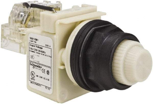 Schneider Electric - 110 VAC at 50/60 Hz via Transformer, 120 VAC at 50/60 Hz via Transformer White Lens Press-to-Test Indicating Light - Round Lens, Screw Clamp Connector, Corrosion Resistant, Dust Resistant, Oil Resistant - Apex Tool & Supply