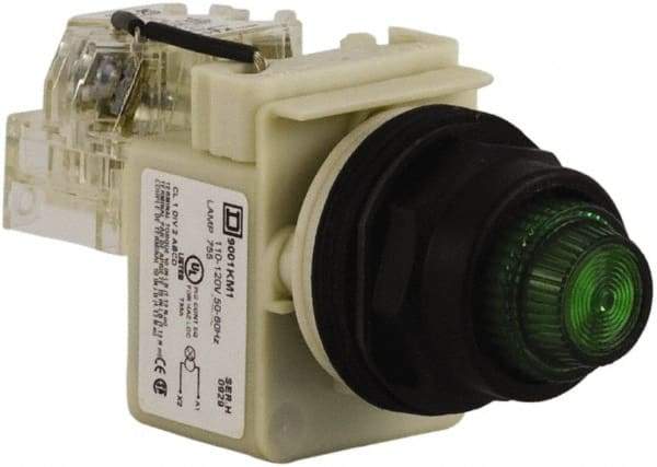 Schneider Electric - 110 VAC at 50/60 Hz via Transformer, 120 VAC at 50/60 Hz via Transformer Green Lens Press-to-Test Indicating Light - Round Lens, Screw Clamp Connector, Corrosion Resistant, Dust Resistant, Oil Resistant - Apex Tool & Supply