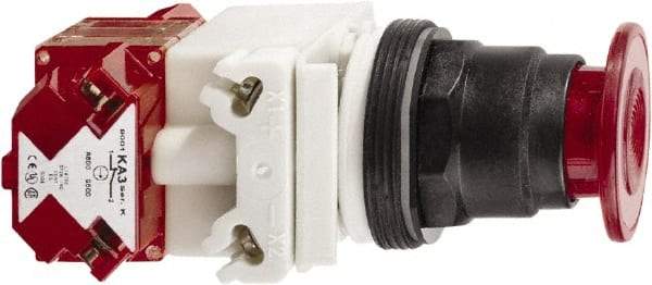 Schneider Electric - 30mm Mount Hole, Extended Straight, Pushbutton Switch with Contact Block - Red Pushbutton, Maintained (MA), Momentary (MO) - Apex Tool & Supply
