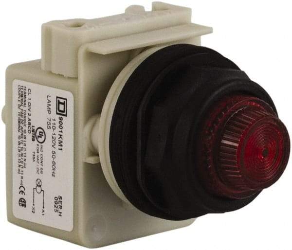 Schneider Electric - 110 VAC at 50/60 Hz via Transformer, 120 VAC at 50/60 Hz via Transformer Red Lens Indicating Light - Round Lens, Screw Clamp Connector, Corrosion Resistant, Dust Resistant, Oil Resistant - Apex Tool & Supply