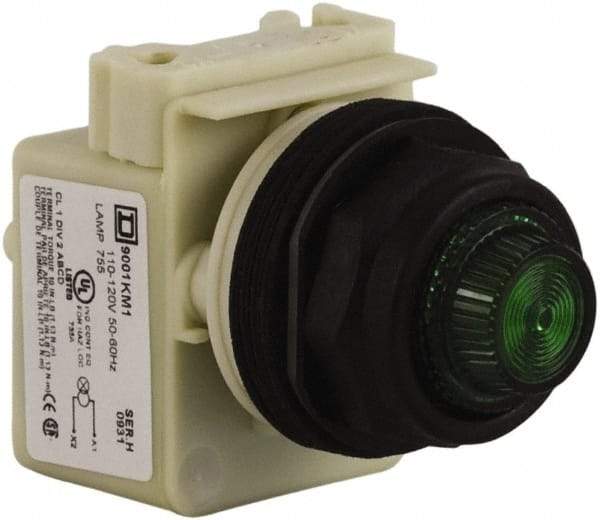Schneider Electric - 110 VAC at 50/60 Hz via Transformer, 120 VAC at 50/60 Hz via Transformer Green Lens Indicating Light - Round Lens, Screw Clamp Connector, Corrosion Resistant, Dust Resistant, Oil Resistant - Apex Tool & Supply