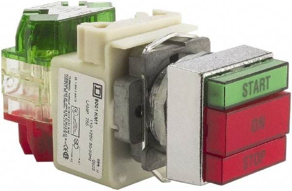 Schneider Electric - 30mm Mount Hole, Pushbutton Switch with Pilot Light - Rectangle, Green and Red Pushbutton, Illuminated, Momentary (MO), Start-On-Stop - Apex Tool & Supply