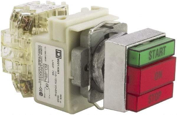 Schneider Electric - 30mm Mount Hole, Pushbutton Switch with Pilot Light - Rectangle, Green and Red Pushbutton, Illuminated, Momentary (MO), Start-On-Stop - Apex Tool & Supply