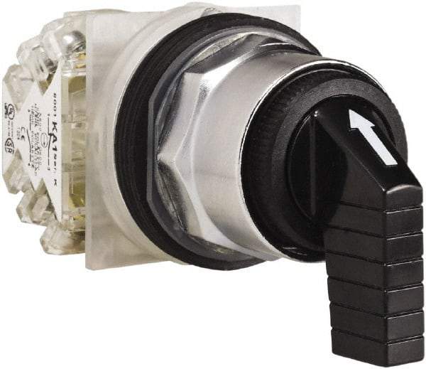 Schneider Electric - 30mm Mount Hole, 3 Position, Knob and Pushbutton Operated, Selector Switch - Black, Momentary (MO), NO/NC, Weatherproof and Dust and Oil Resistant - Apex Tool & Supply