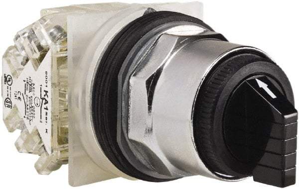 Schneider Electric - 1.18 Inch Mount Hole, 3 Position, Knob and Pushbutton Operated, Selector Switch - Black, Maintained (MA), 2NO/2NC, Weatherproof and Dust and Oil Resistant - Apex Tool & Supply