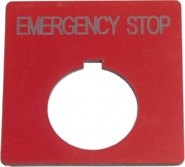 Schneider Electric - Square, Plastic Legend Plate - Emergency Stop - Red Background, Black Letters, 1.2 Inch Hole Diameter, 2-1/2 Inch Square - Apex Tool & Supply