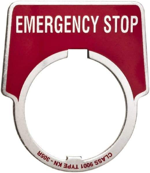 Schneider Electric - Aluminum Legend Plate - Emergency Stop - Black Background, 30mm Hole Diameter, 1-3/4 Inch Wide - Apex Tool & Supply