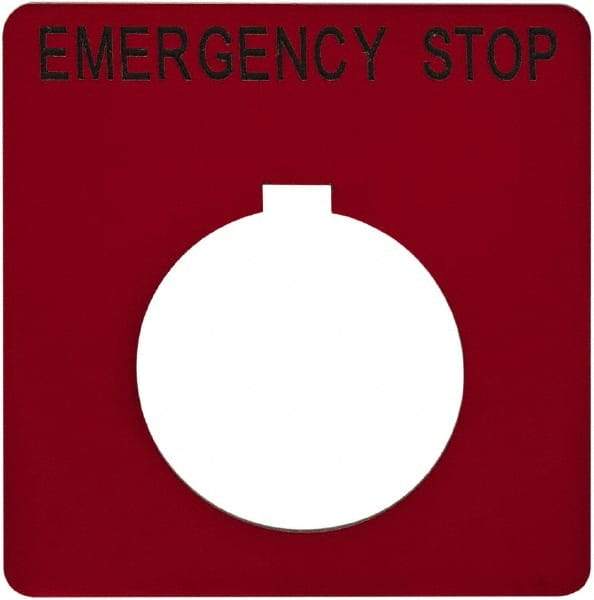 Schneider Electric - Square, Plastic Legend Plate - Emergency Stop - Red Background, Black Letters, 1.2 Inch Hole Diameter, 2-1/4 Inch Square - Apex Tool & Supply