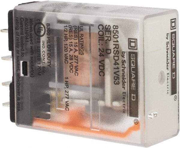 Square D - Electromechanical Plug-in General Purpose Relay - 12 Amp at 240 VAC, SPDT, 24 VDC - Apex Tool & Supply