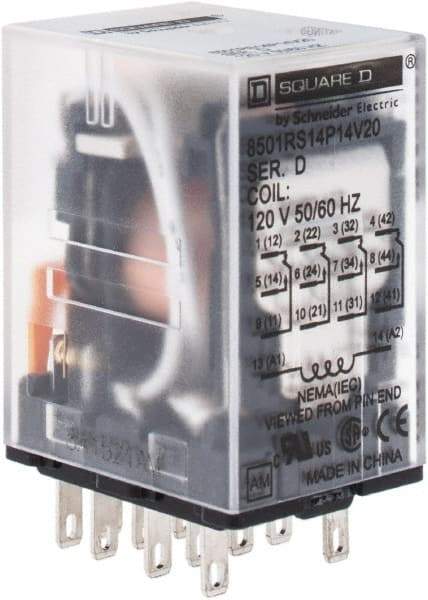 Square D - 1/6 hp at 120/240 Volt, Electromechanical Plug-in General Purpose Relay - 5 Amp at 240 VAC, 4PDT, 120 VAC at 50/60 Hz - Apex Tool & Supply