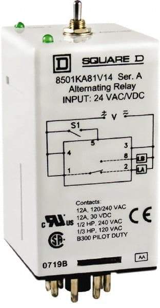 Square D - 8 Pins, 1/2 hp at 240 Volt & 1/3 hp at 120 Volt, Electromechanical Plug-in General Purpose Relay - 12 Amp at 240 VAC, DPDT, 240 VAC, 36mm Wide x 65mm High x 44mm Deep - Apex Tool & Supply